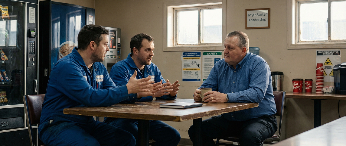 travailleur parlant à une table durant la pause café