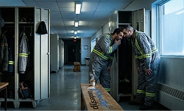 Corridor d'usine manufacturière avec deux travailleurs en conversation secrète, illustrant la naissance des rumeurs au travail