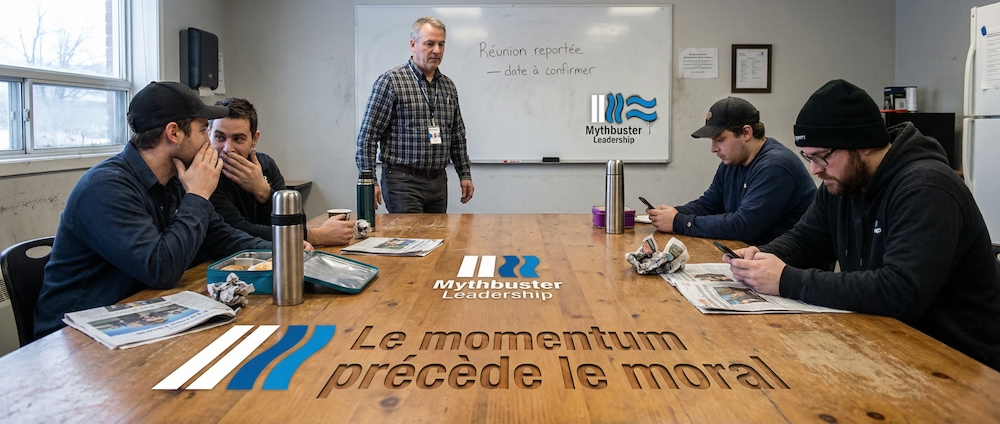 Salle de pause industrielle avec employés fragmentés en petits groupes, illustrant la déconnexion causée par le manque de communication