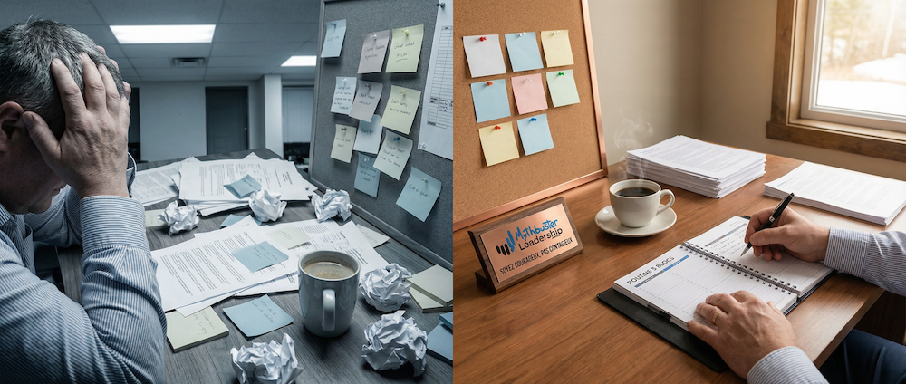 Gestionnaire expérimenté en milieu manufacturier québécois, air pensif, réalisant une erreur de méthode