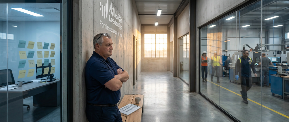 Corridor industriel québécois avec tableau d'affichage montrant l'évolution des outils de gestion