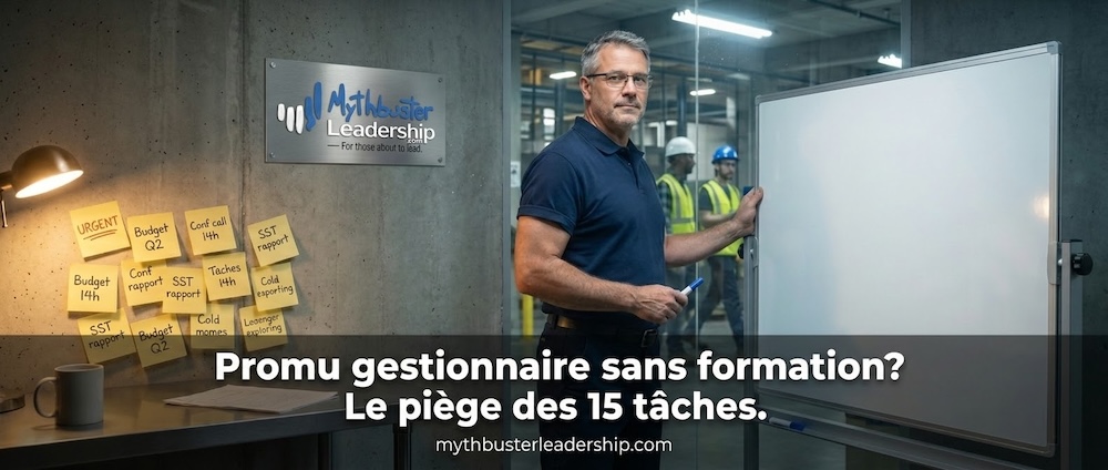 Gestionnaire québécois debout entre son bureau couvert de post-its et un tableau blanc vide dans un bureau industriel