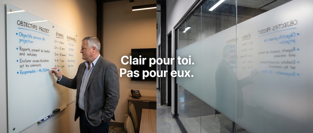 Tableau de réunion vu des deux côtés du verre, clair d'un côté, flou de l'autre